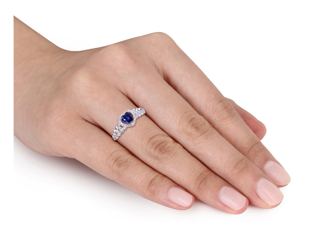 1/2 Carat (ctw) Lab Created Blue Sapphire Heart Promise Ring in 10K White Gold with Diamonds - 9