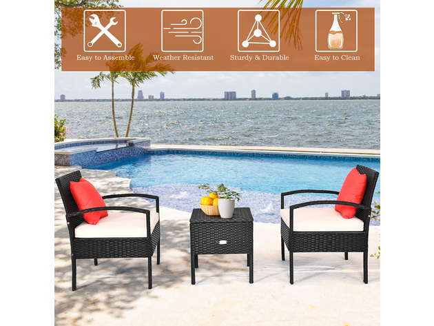 Costway 3 Piece Outdoor Patio Rattan Furniture Set Storage Coffee Table Cushioned Sofa Black 