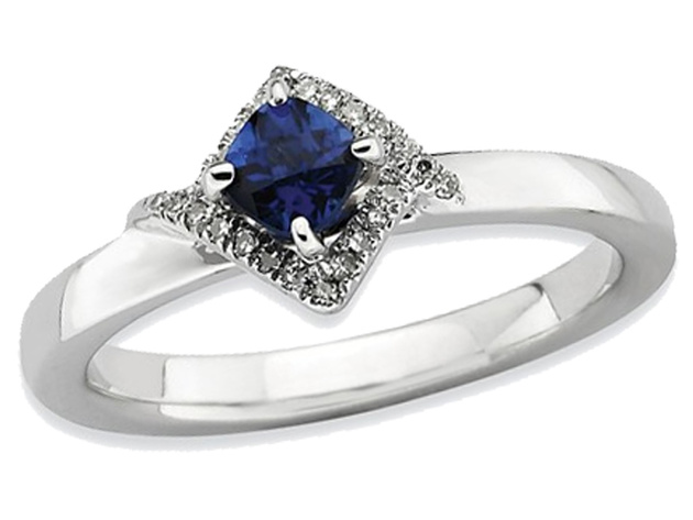 1/2 Carat (ctw) Lab Created Blue Sapphire Ring in Sterling Silver with Diamonds - 9