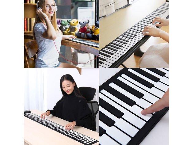 61 Key Electronic Roll Up Piano Keyboard Silicone Rechargeable w/Pedal - White