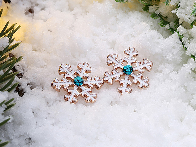 Snowflake Stud Earrings with Blue Swarovski (Rose Gold)