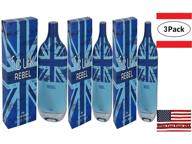 3 Pack FCUK Rebel by French Connection Eau De Toilette Spray 3.4 oz for Men