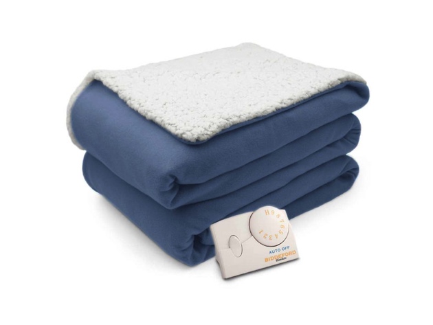 Pure Warmth Comfort Knit Natural Sherpa Electric Heated Blanket Twin Blue