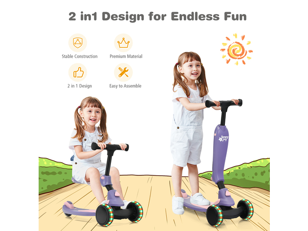 Honeyjoy Portable 3 Wheel Kids Scooter with Gravity Steering System  Purple\Blue\Green - Purple