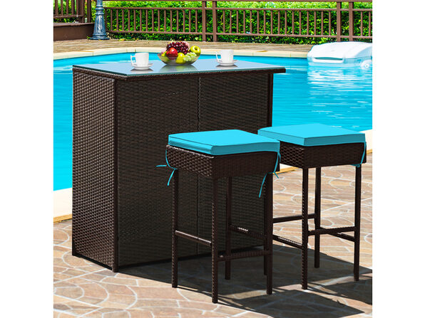 Costway 3pcs patio rattan wicker bar deals table stools dining set cushioned chairs garden