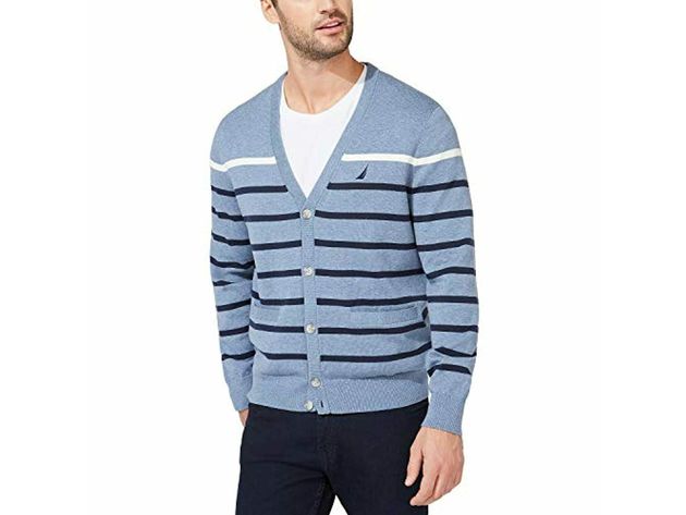 Nautica Men's Striped V-Neck Button Cardigan Turq Size Extra Large