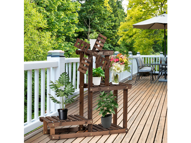 Costway Wood Plant Stand 4 Tier Shelf Multiple Flower Pot Windmill Design - Brown