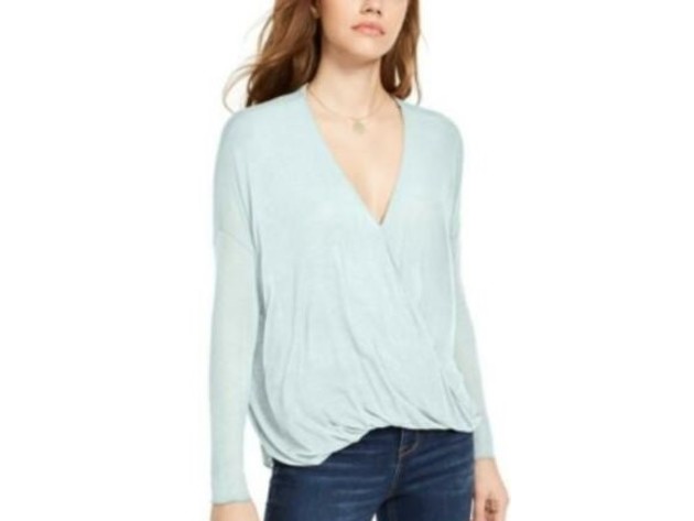 Polly & Esther Women's Juniors' Surplice-Neck Top Green Size X-Large