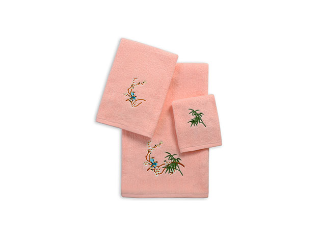 3-Piece Zero Twist Embroidered Towel Set (Peach/Tropical Birds)