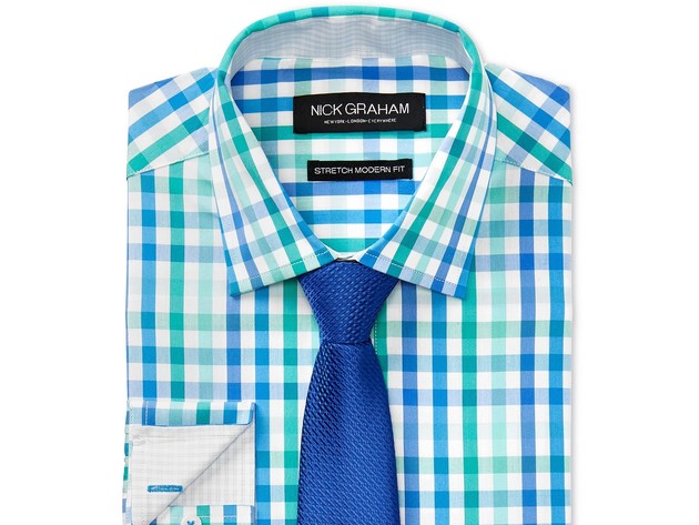 Nick Graham Men's Slim-Fit Stretch Easy-Care Multi Check Dress Shirt & Textured Solid Tie Set Green Size 34-35