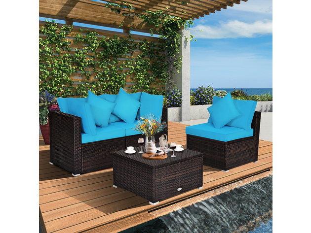 Costway 4 Piece Patio Rattan Wicker Furniture Set Cushioned Sofa Ottoman Garden - Turquoise