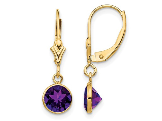 14K Yellow Gold Amethyst Dangle Drop Leverback Earrings