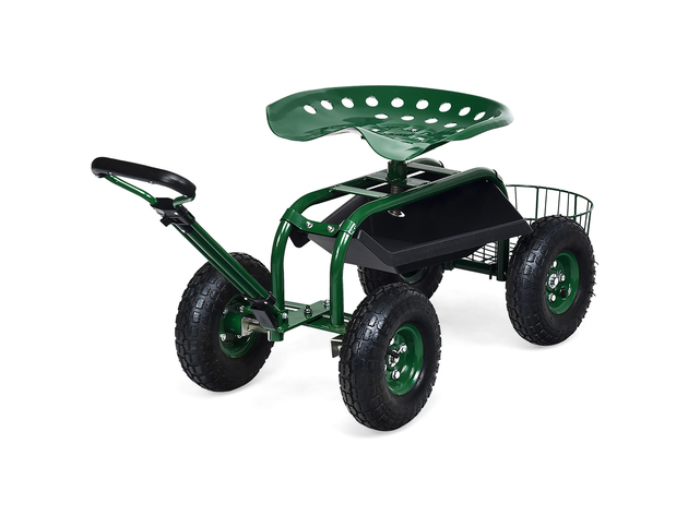 Costway Garden Cart Rolling Work Seat w/Tray Basket E xtendable Handle Green - Green