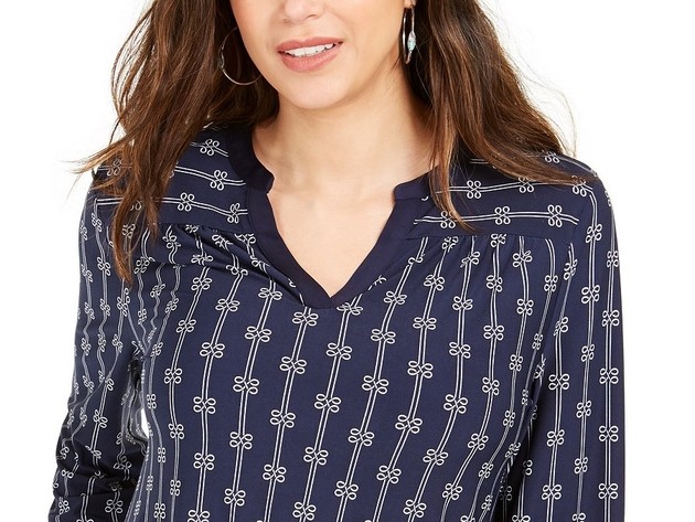 Charter Club Women's Petite Printed Split-Neck Top Blue Size Small