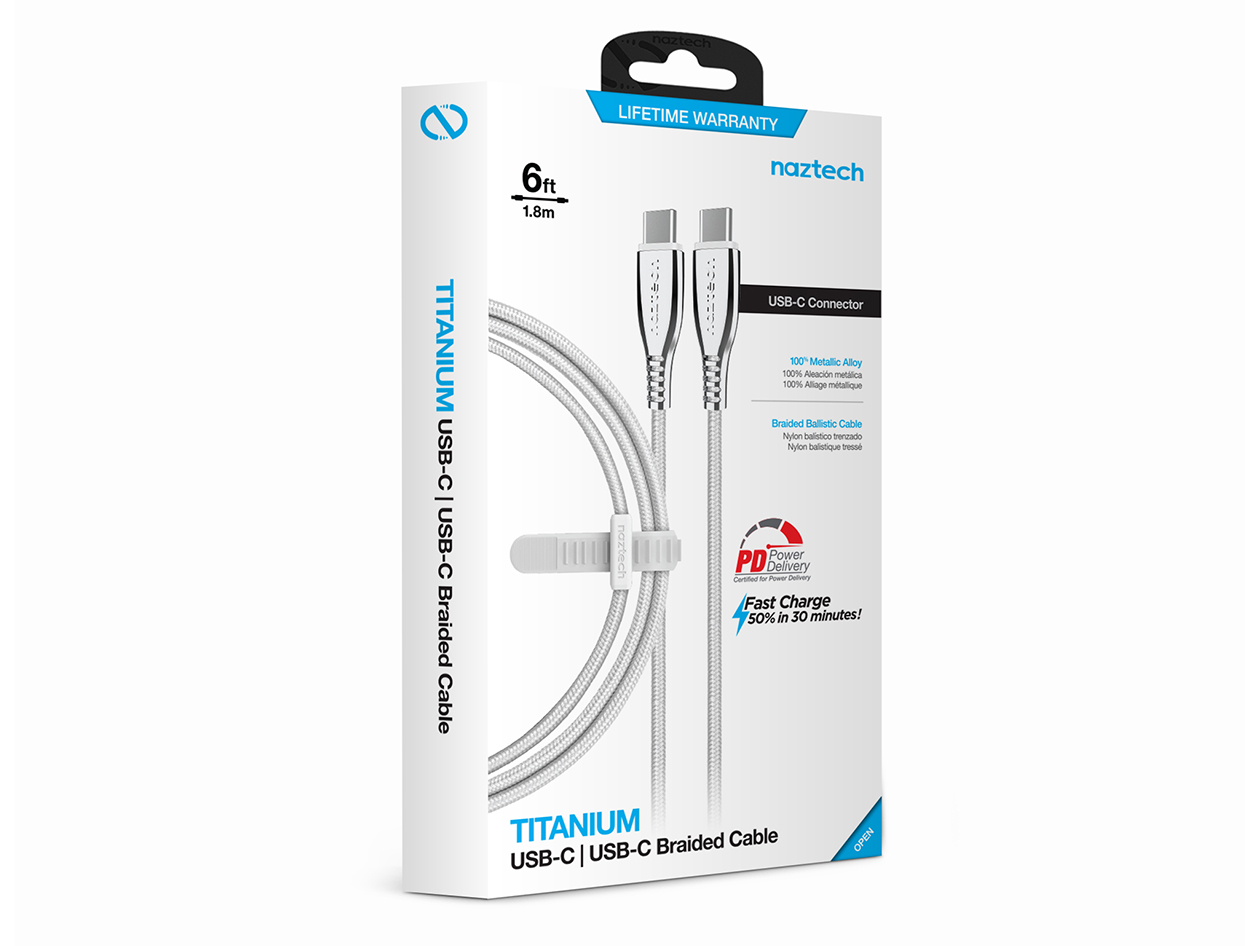 Naztech 6ft Titanium USB-C to USB-C Braided Cable (White)