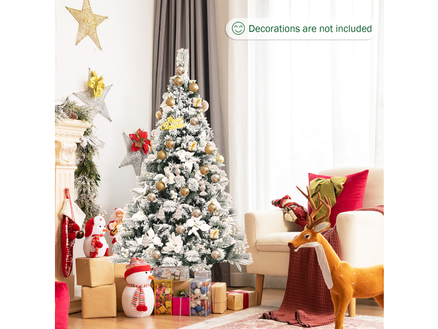 Costway 5ft Snow Flocked Hinged Christmas Tree w/ Berries & Poinsettia Flowers - White