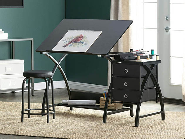 Offex 2-Piece Venus Craft Table with Matching Stool (Black/Black)