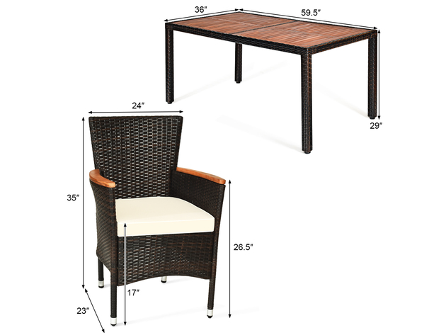 Costway 7 Piece Patio Rattan Dining Set 6 Stackable Chairs Cushioned - Brown