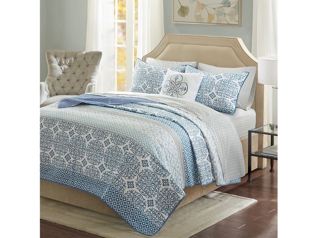 Madison Park Essentials Sybil 8 Piece Queen Coverlet and Sheet Set Blue