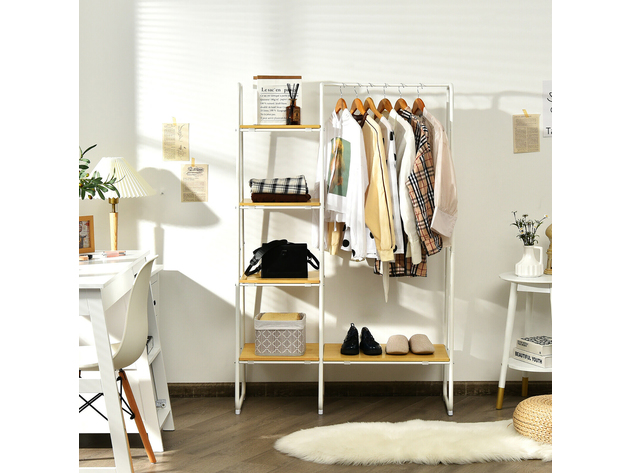 Costway Metal Garment Rack Free Standing Closet Organizer with 5 Shelves Hanging Bar (White & Natural)