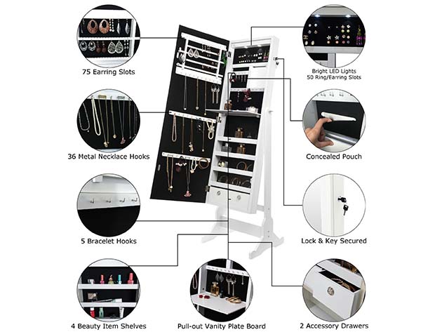 Sparkle Cheval Mirror Jewelry Armoire (Pristine White)