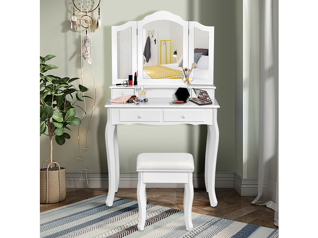 Costway Vanity Makeup Dressing Table Stool 4 Jewelry Wood Desk - White