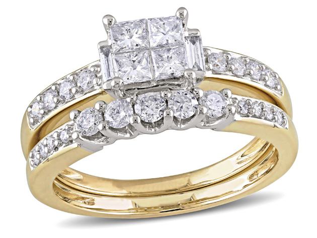 Princess Cut Diamond Engagement Ring & Wedding Band Set 1.0 Carat (ctw Color H-I Clarity I2-I3 ) in 14K White & Yellow Gold - 10