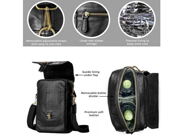 Black Insulated Genuine Leather Wine Carrier Bag & 2 Wine Tumblers. Wine Cooler Bag For Women & Men
