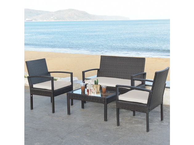 Costway 4 Piece Rattan Patio Furniture Set Garden Lawn Sofa Wicker Cushioned Seat Brown, Beige