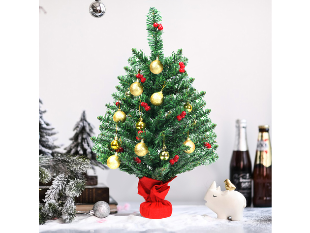 Costway 24'' Pre-Lit Tabletop Christmas Tree PVC Ornaments Lights - Green