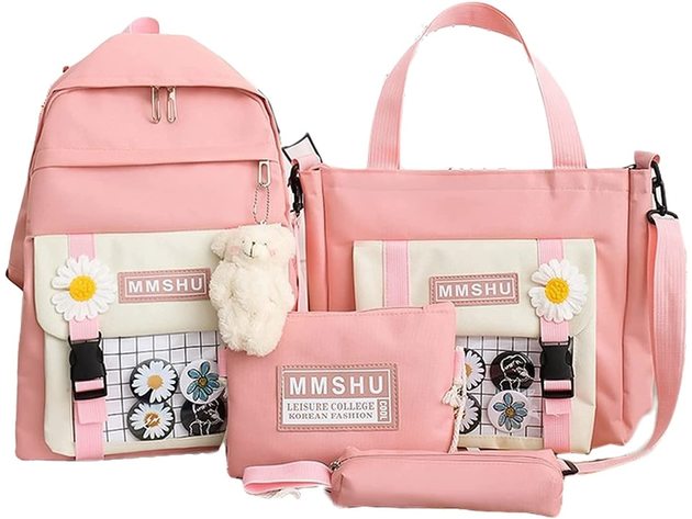 Kawaii School Backpack Sets Canvas Bookbag with Teddy Bear Pendant