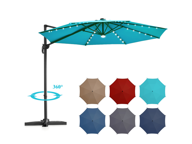 10ft Solar Led Cantilever Offset Patio Umbrella 360dgrees Rotation Aluminum Turquoise Cracked 