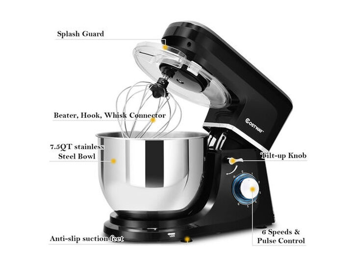 Tilt-Head Stand Mixer 7.5 Qt 6 Speed 660W with Dough Hook