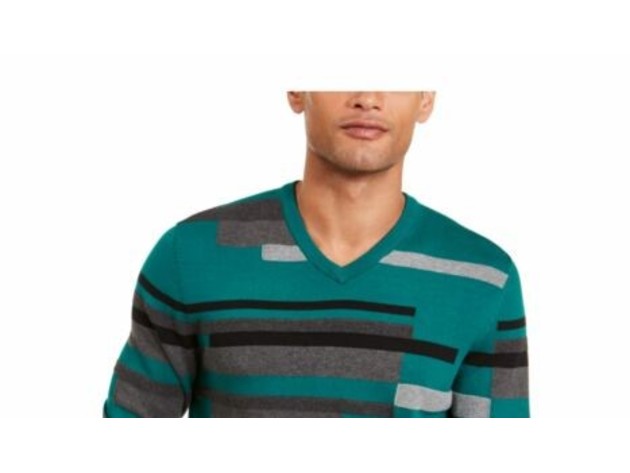 Alfani Men's Textured Striped V-Neck Sweater Green Size Large