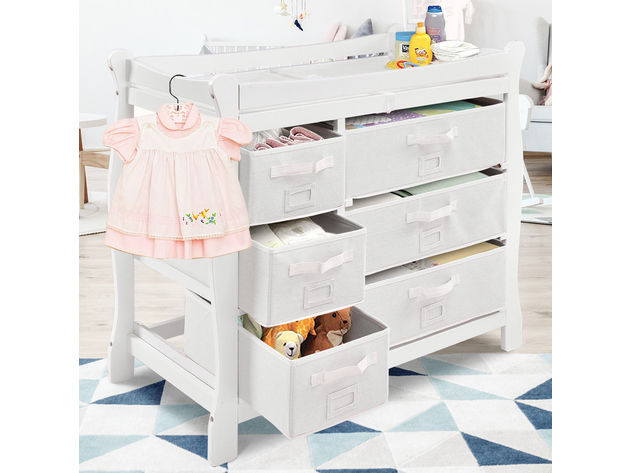 Costway White Sleigh Style Baby Changing Table Diaper 6 Basket Drawer Storage Nursery - White