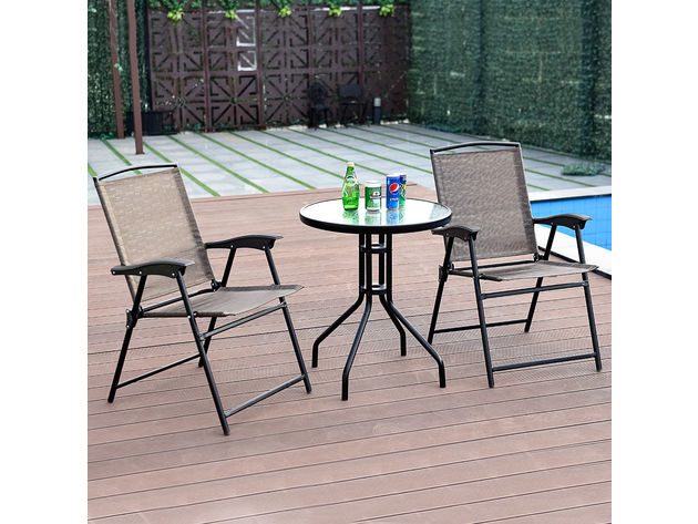 Costway 3 Piece Bistro Patio Garden Furniture Set 2 Folding Chairs Glass Table Top Steel Brown & Black