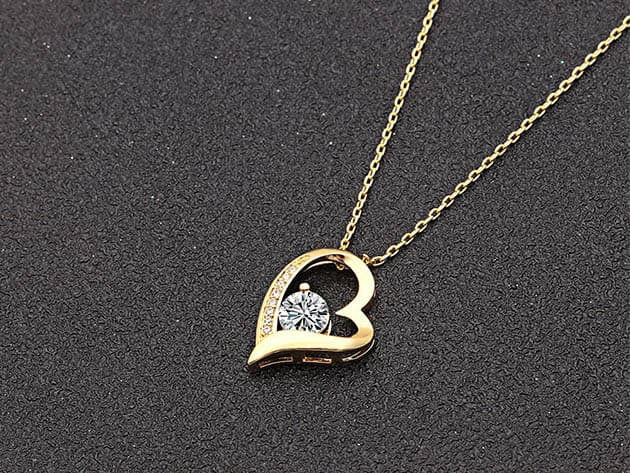 Curved Heart Pendant Necklace with White Swarovski Crystals (Gold)