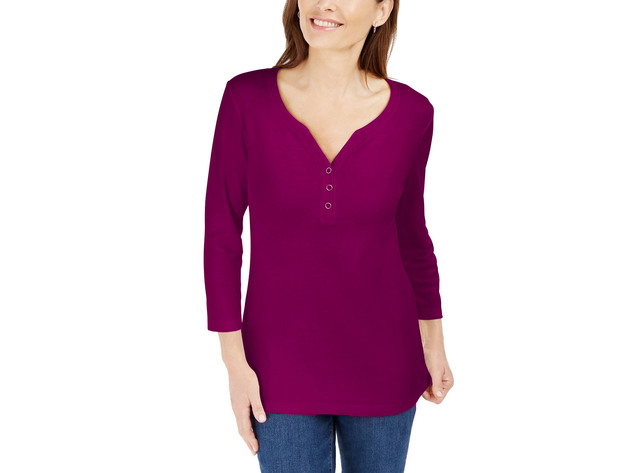 Karen Scott Women's Petite 3/4-Sleeve Henley Shirt Purple Size Extra Large