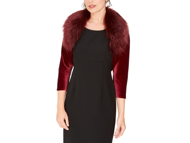 Tahari ASL Women's Velvet Faux-Fur-Collar Shrug Red Size Medium