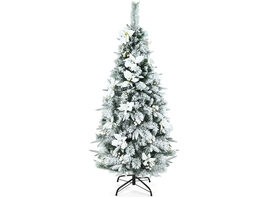 Costway 5ft Snow Flocked Christmas Pencil Tree w/ Berries & Poinsettia Flowers - White