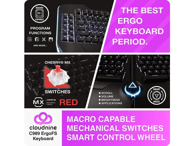 Cloud Nine C989M-RD Ergonomic Mechanical Keyboard for PC, Cherry MX Red Switches (Refurbished, Open Retail Box)