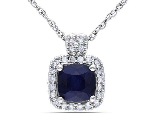 Blue Sapphire and Diamond Pendant 4/5 Carat (ctw) in 10k White Gold with chain