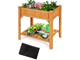 Costway 8 Grids Raised Garden Bed Elevated Planter Box Kit Wood w/Liner & Shelf - Natural