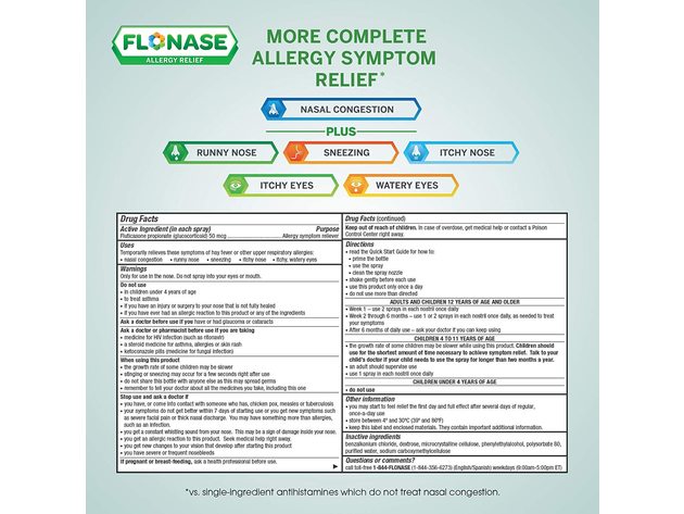 Flonase Allergy Relief Nasal Spray, Relieves Nasal Congestion, Runny Nose, Sneezing, Itchy Nose and Watery Eyes, 0.34 Ounce