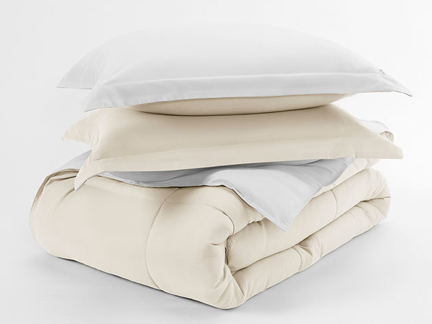 Down Alternative Reversible Comforter Set (White & Ivory)