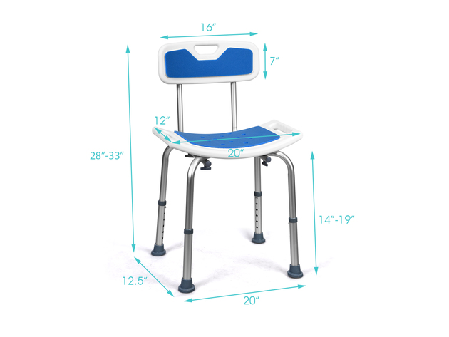 Costway Shower Bath Chair 6 Adjustable Height Non-Slip Bathtub Stool w/ Padded Back&Seat - Blue + Sliver