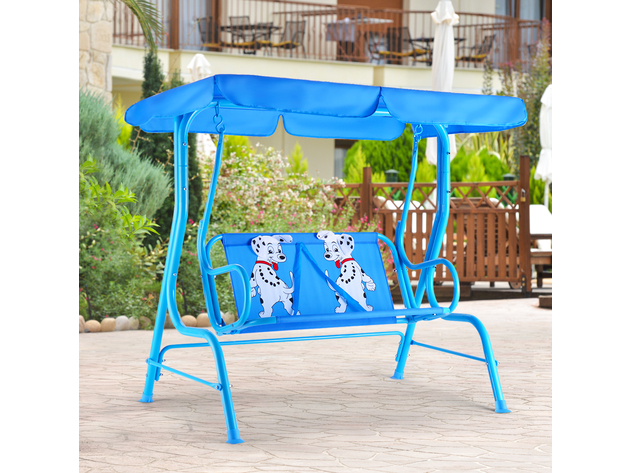 Costway Kids Patio Swing Chair Children Porch Bench Canopy 2 Person Yard Furniture - Blue