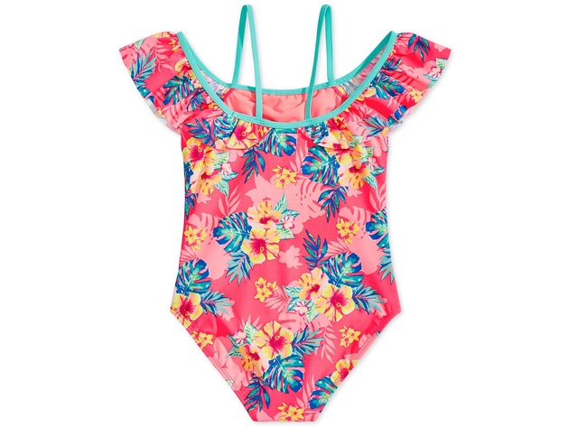 Breaking Waves Big Girls 1-Pc. Printed Flounce Swimsuit Neon Size 10"