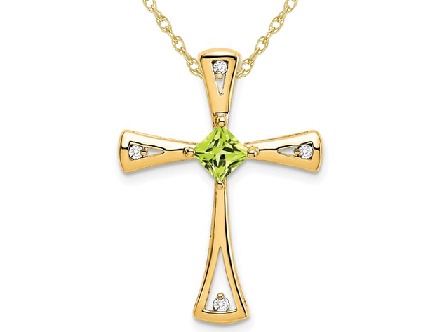 3/10 Carat (ctw) Natural Peridot Cross Pendant Necklace in 14K Yellow Gold with Chain