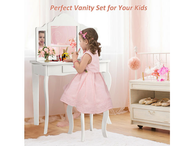 Costway Vanity Table Set Makeup Dressing Table Kids Stool Mirror White